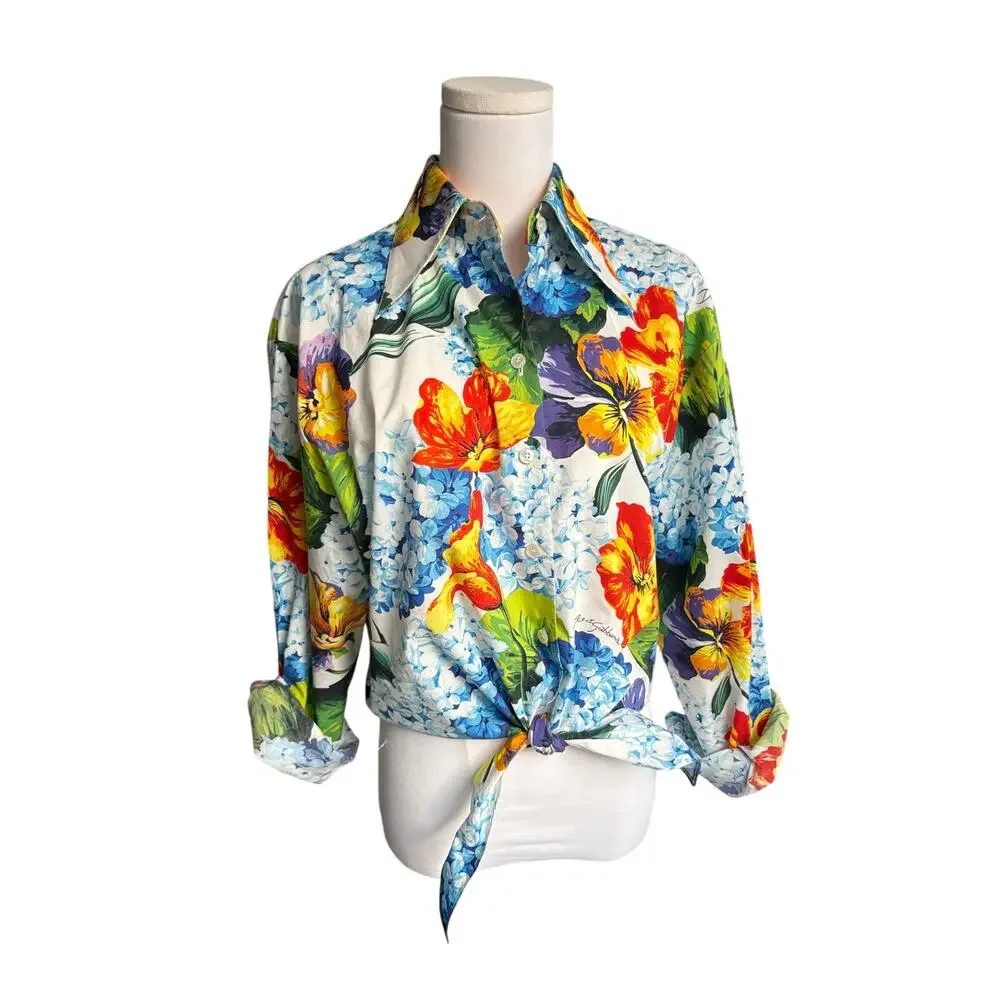 Dolce & Gabbana Tropical Floral Print Shirt Tie Front Hydrangea Size 42